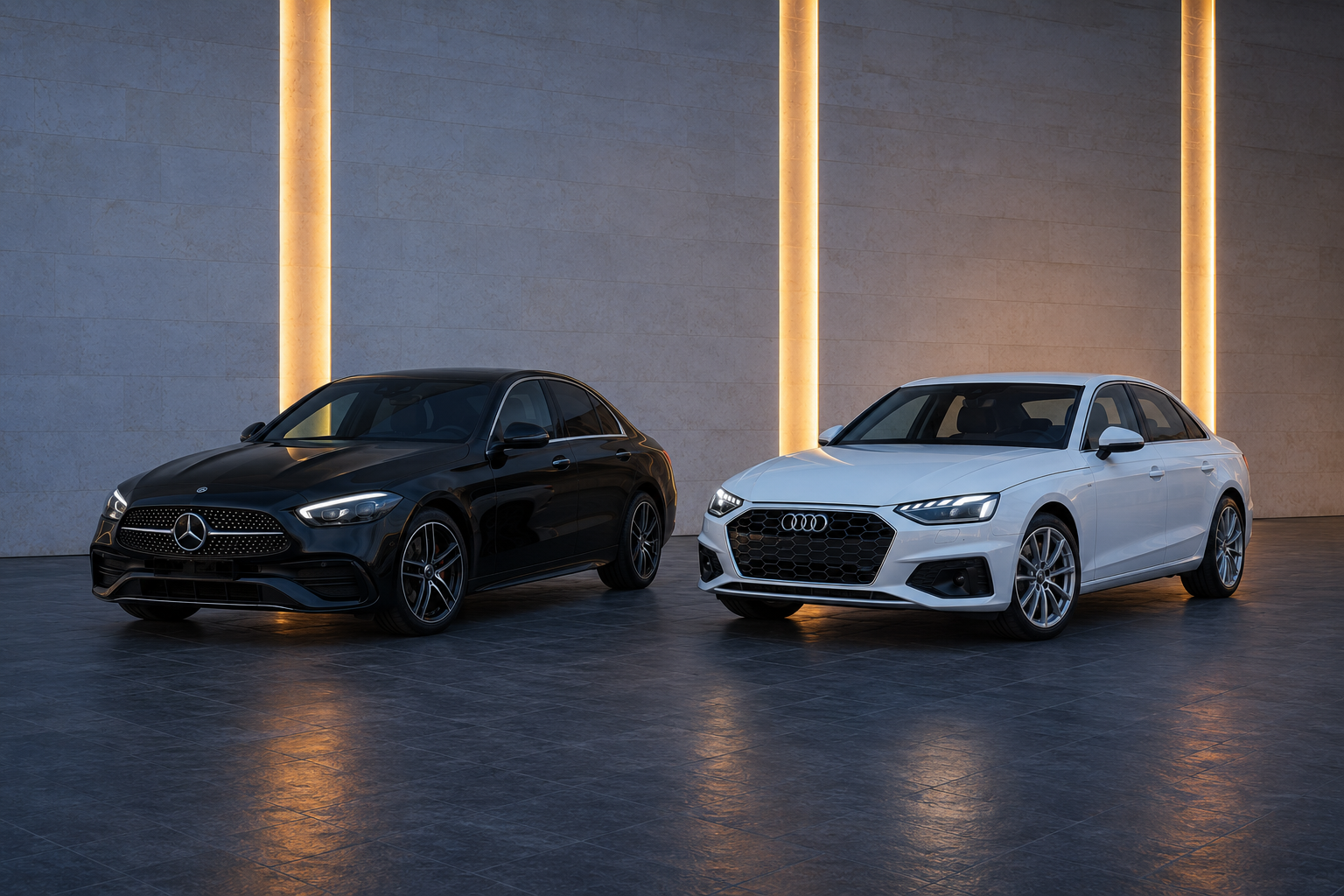 Black 2026 Mercedes C200 beside a white 2026 Audi A4