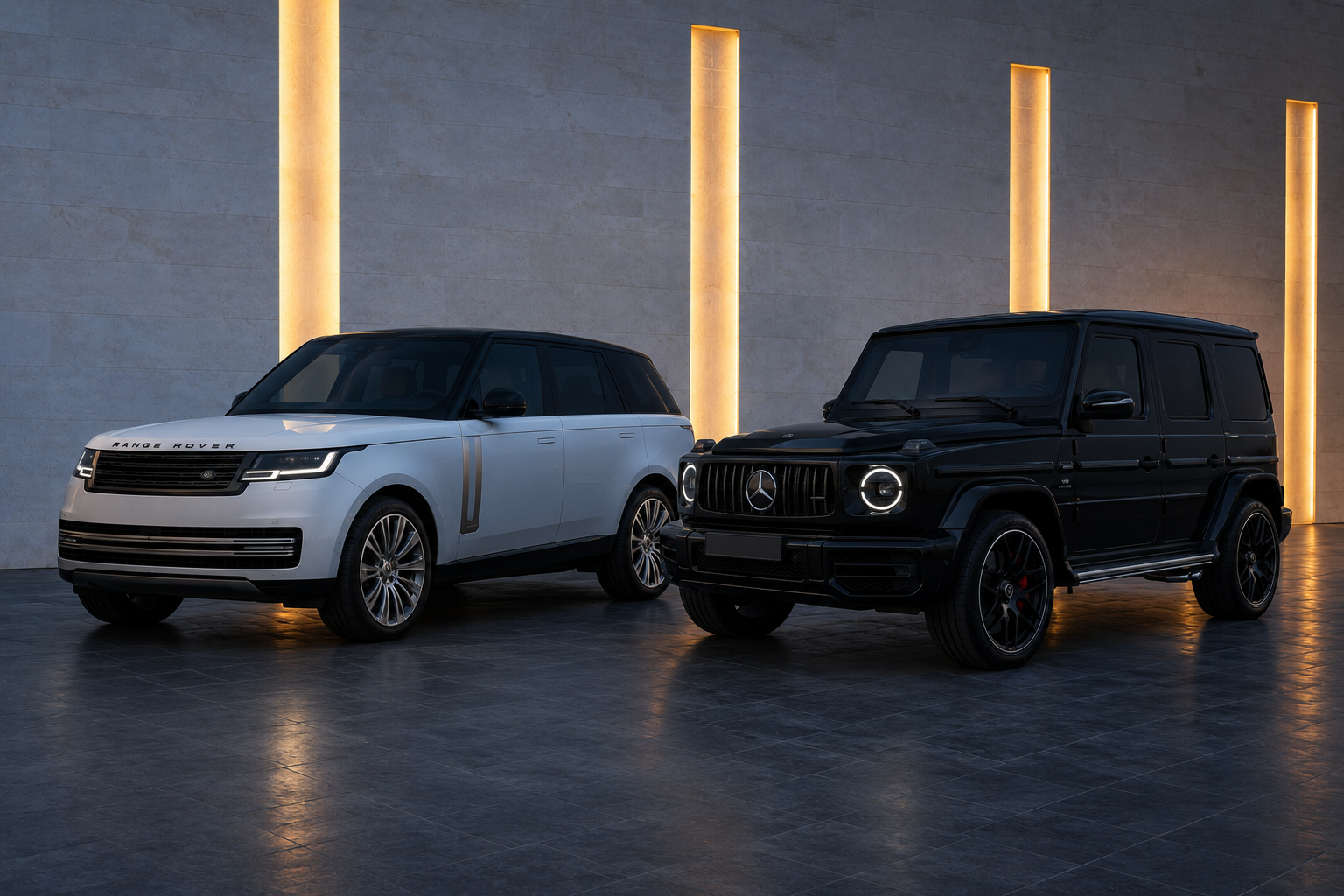 Black 2026 Mercedes G-Class beside a white 2026 Range Rover Vogue
