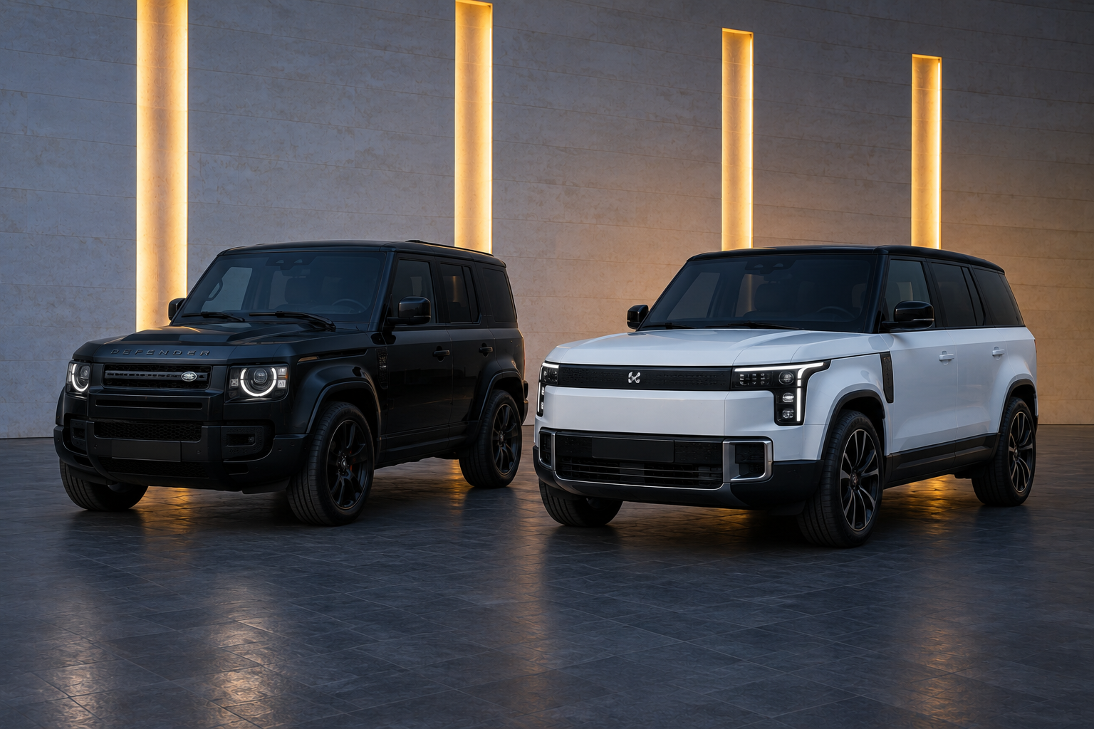 Black 2026 Defender beside a white 2026 ROX 01 with a black roof